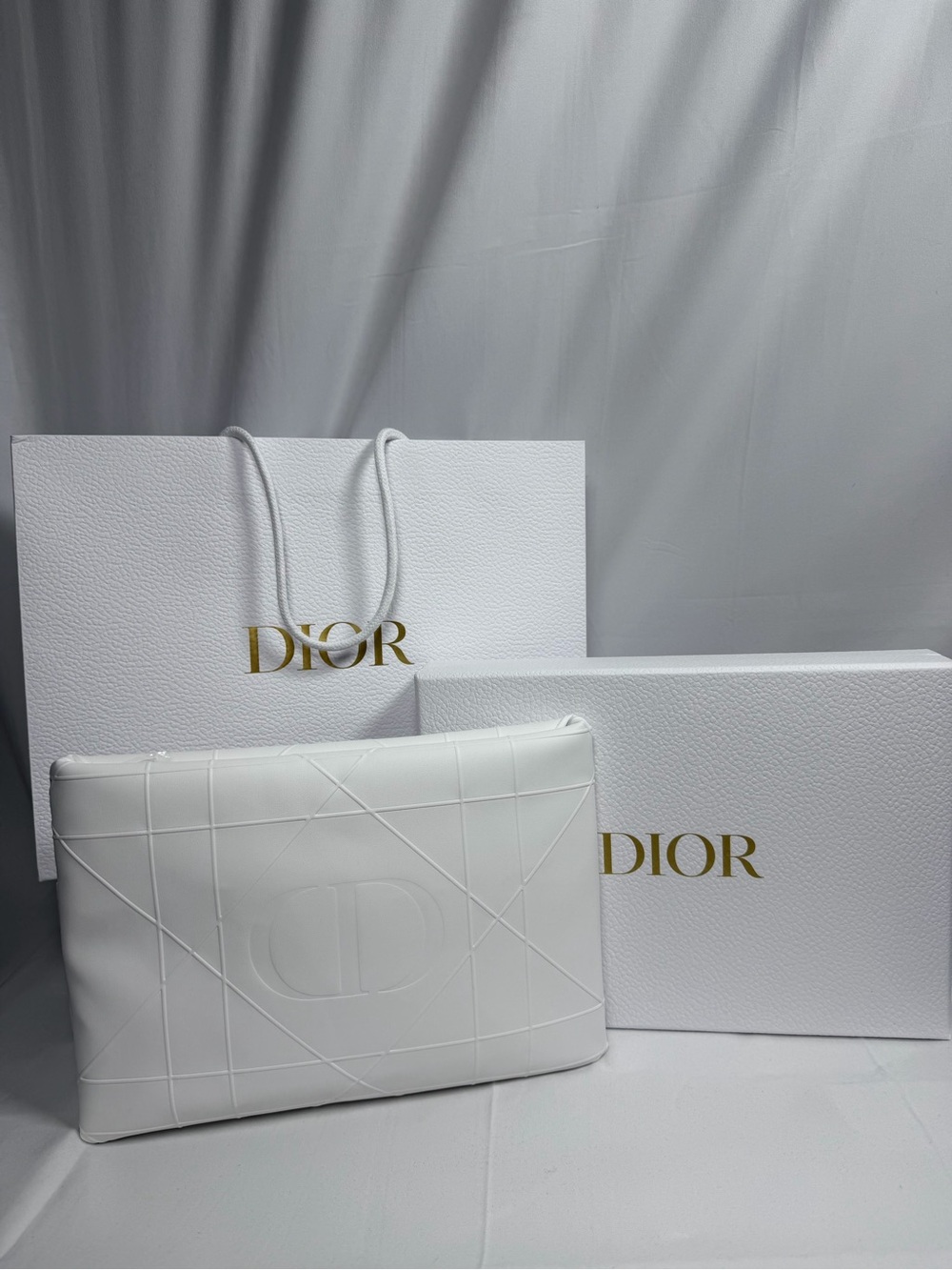 Dior White Leather Embossed CD Clutch with CD Make Up